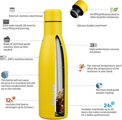 BJPKPK 17oz Insulated Water Bottles Stainless Steel Sports Water Bottles Keep Cold and Hot for Travel Dishwasher Safe,Yellow
