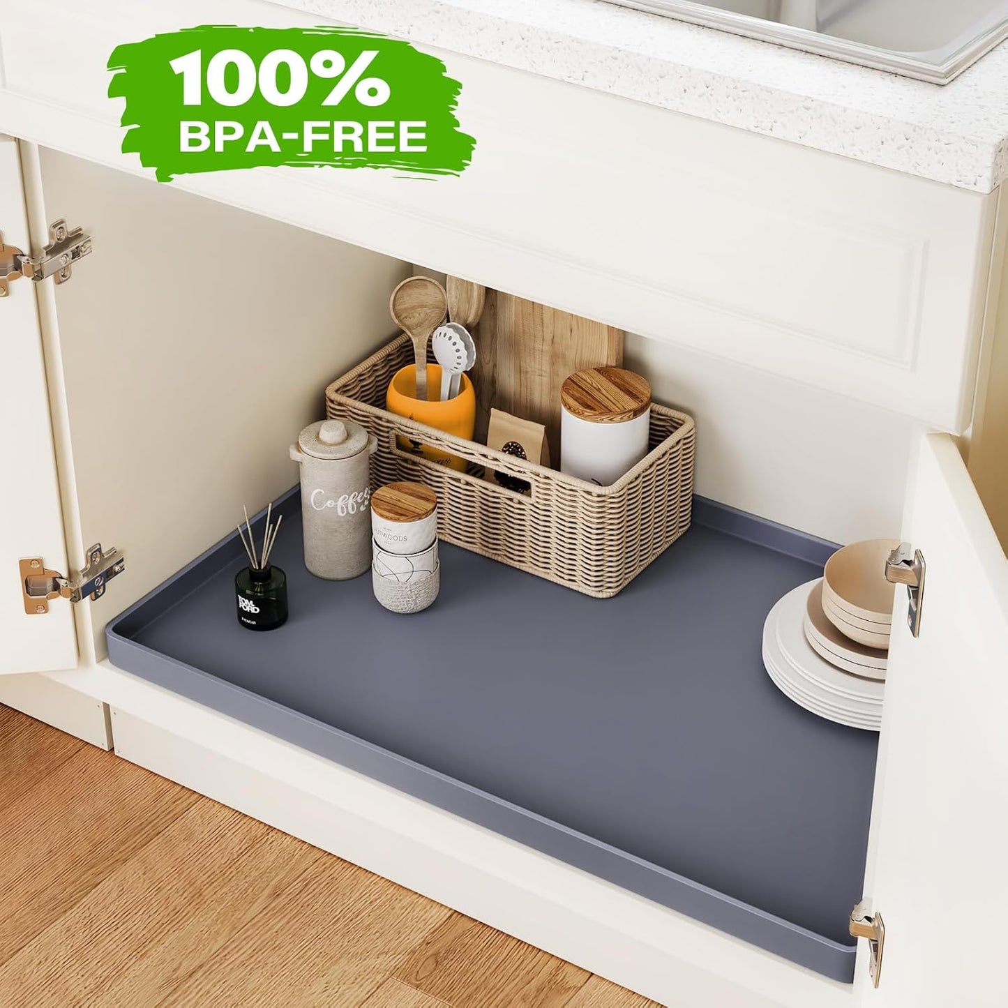 FLATO Waterproof Under Sink Mat 28" x 22" Shelf Liner for Kitchen and Bathroom, Cabinet Protector, Organizers and Storage, Flexible Silicone Drip Tray