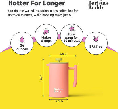 Cute Pink French Press Coffee Maker - Colorful, Retro And Stylish Insulated Coffee Brewer - Large Size Brews 4 Cups