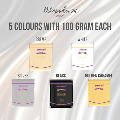 Dekozauber24 Fondant icing multipack, 5 colors, 3.5oz (100g) rolled fondant per color, for cakes, cupcakes and figurines in white, black, cream, silver and golden caramel (Basics)