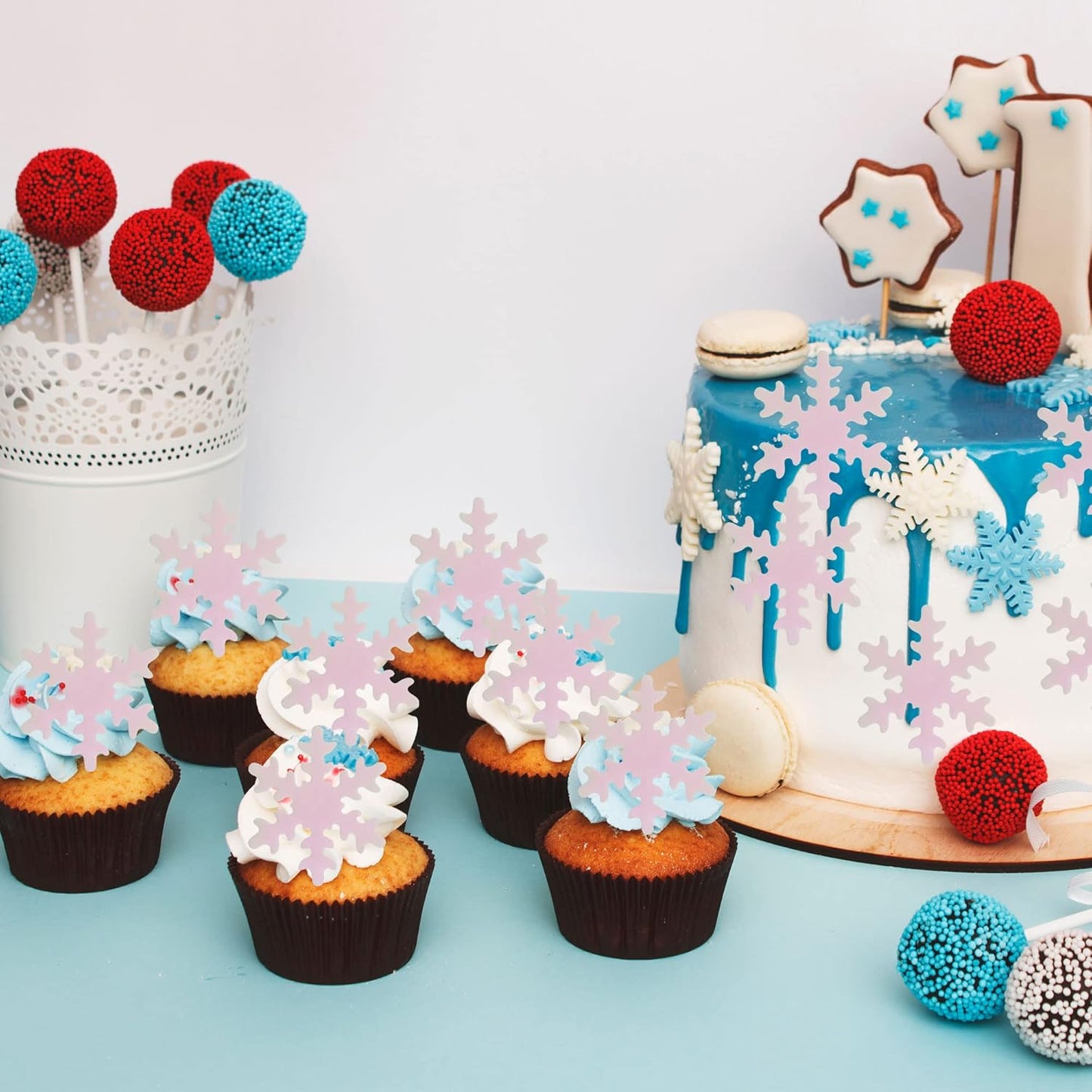 Gyufise 50Pcs Pink Edible Cupcake Cake Toppers Snowflake Cake Decorations for Christmas Winter Frozen Theme Party Supply Decoration