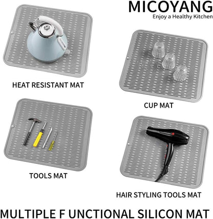 Silicone Dish Drying Mat for Multiple Usage,Easy clean,Eco-friendly,Heat-resistant Silicone Mat for Kitchen Counter or Sink,Refrigerator or Drawer Liner Grey XL 18 inches x 16 inches