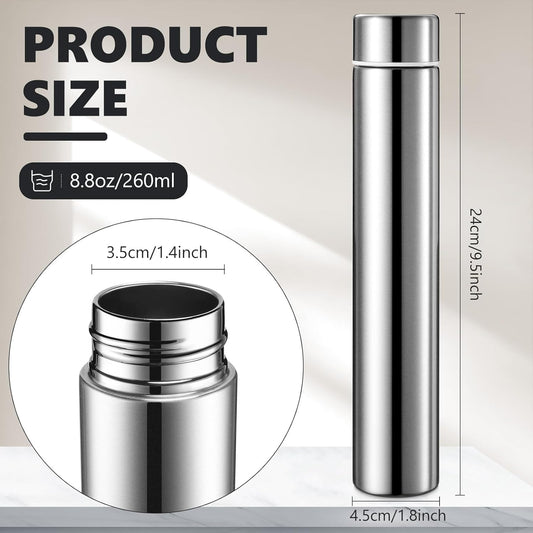 Vesici Slim Water Bottle 8.8 oz Small Stainless Steel Purse Compact Insulated Water Bottles Camping Travel Backpack Pocket Flask for Car Cold Coffee Tea(Silver,4 Pack)