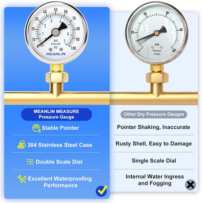 MEANLIN MEASURE 0~100Psi Dry Pressure Gauge Stainless Steel 1/4" NPT 2" FACE DIAL Waterproof for Well Pump Water Tire Water Pressure Tester Lower Mount, with 1/2" NPT and 3/8" NPT Hex Bushing