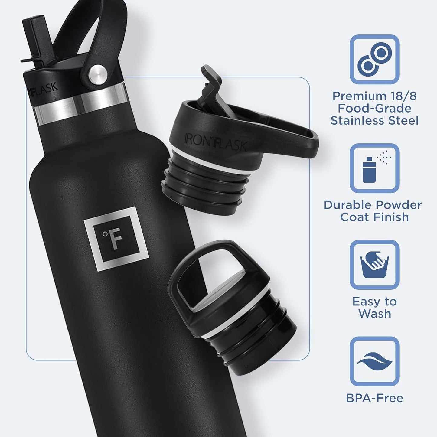 IRON °FLASK Sports Water Bottle - 24 Oz - 3 Lids (Narrow Straw Lid) Leak Proof Vacuum Insulated Stainless Steel - Hot & Cold Double Walled Insulated Thermos, Durable Metal Canteen
