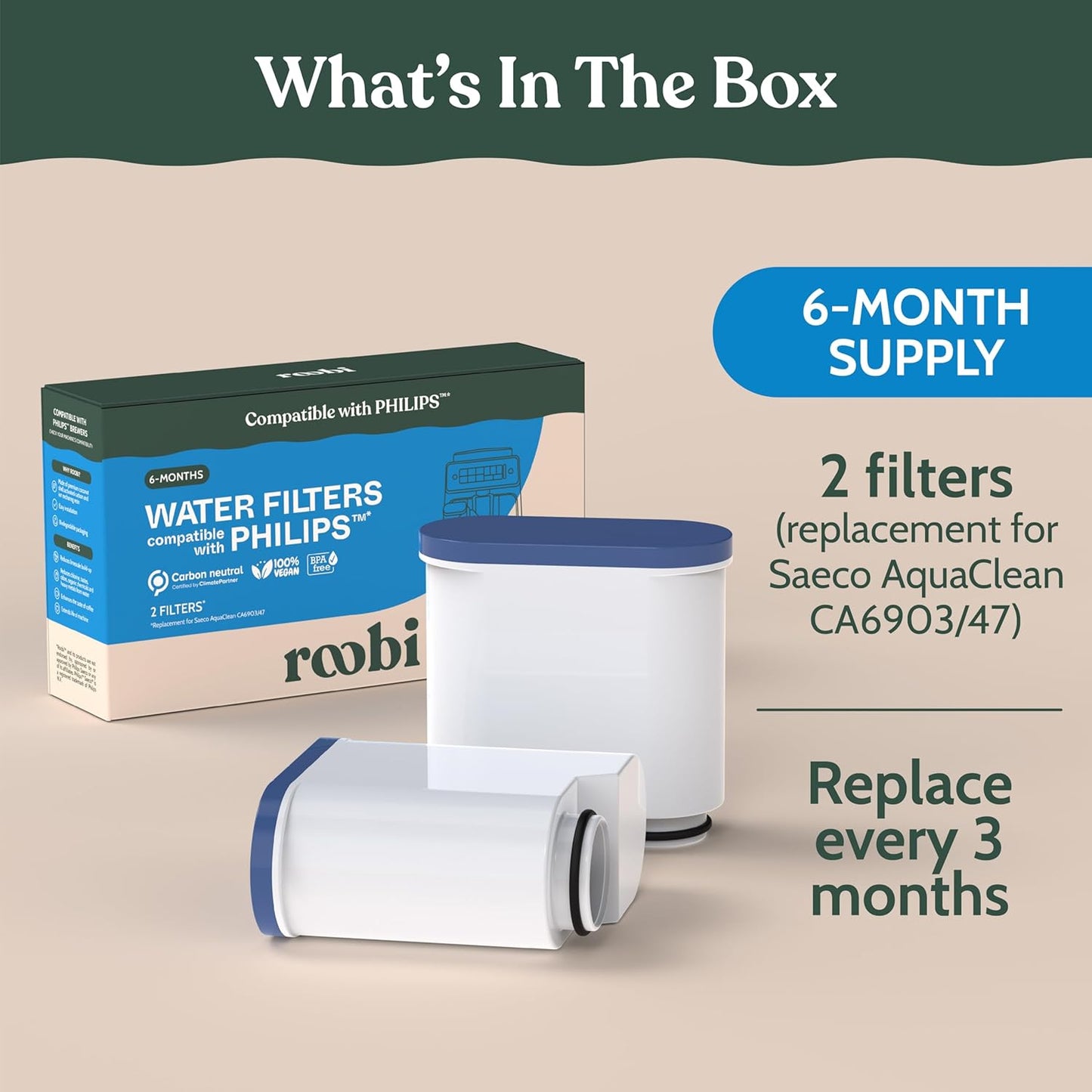Roobi Philips Compatible Water Filters. Specially Designed for Saeco Coffee Machines, Carbon Neutral Aqua Clean Water Filters. 2 Pack, 6 Months Supply