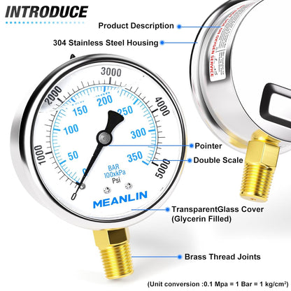 MEANLIN MEASURE 0~5000Psi Liquid Filled Pressure Gauge 1/4" NPT 2.5" FACE DIAL Stainless Steel Glycerin Filled WOG Water Oil Air Lower Mount (with 2PCS Snaps)