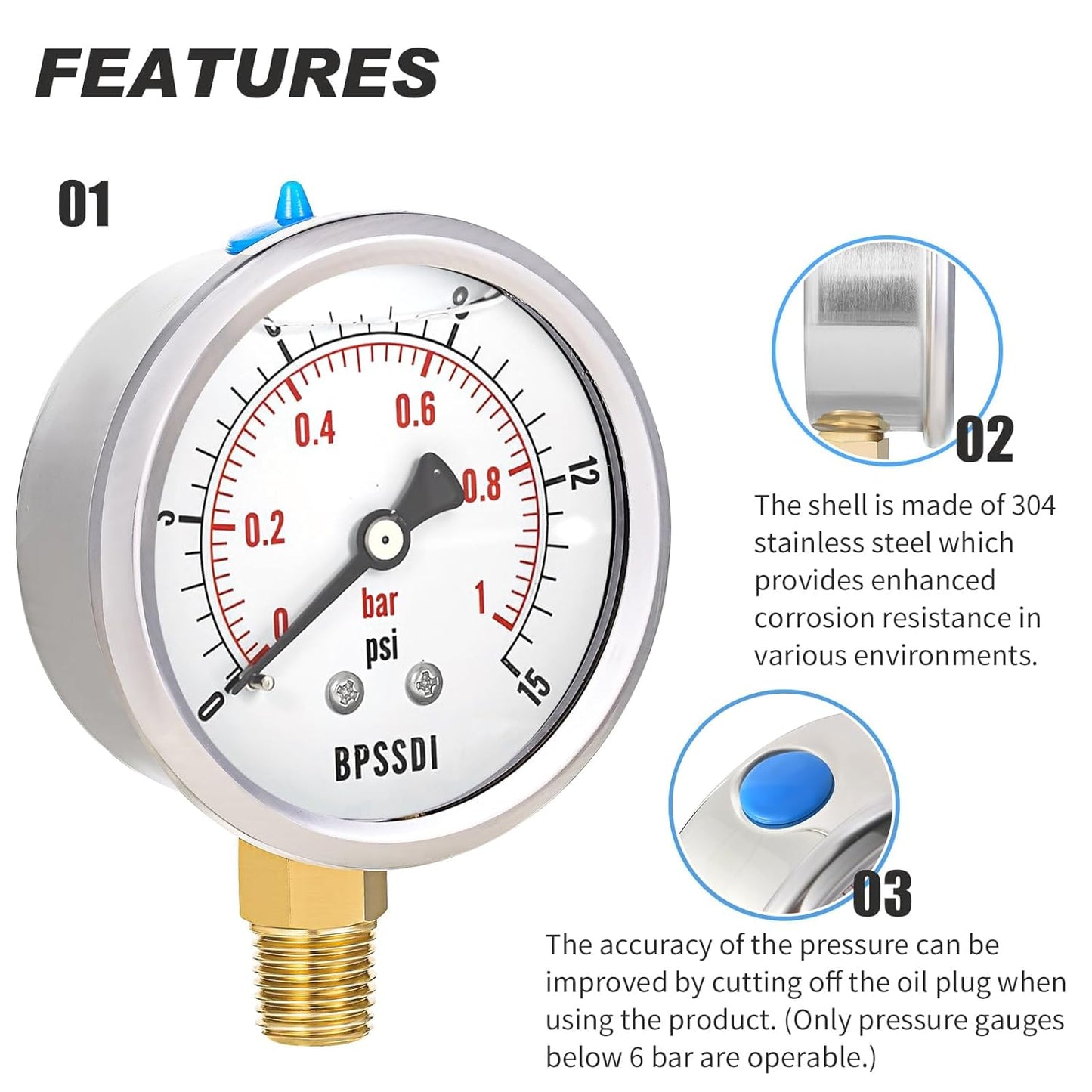 0-15 Psi Glycerin Liquid Filled Low Pressure Gauge, 2.5" Dial Size, 1/4" NPT Lower Mount, 304 Stainless Steel Case, for Water Pipe, HVAC, Water Oil Air Pressure Test