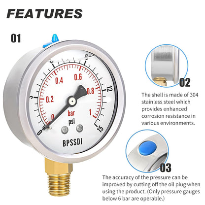 0-15 Psi Glycerin Liquid Filled Low Pressure Gauge, 2.5" Dial Size, 1/4" NPT Lower Mount, 304 Stainless Steel Case, for Water Pipe, HVAC, Water Oil Air Pressure Test