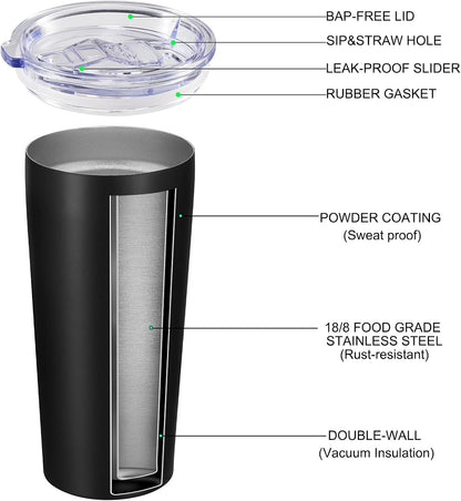VEGOND 20oz Tumbler Bulk with Lid and Straw 12 Pack, Stainless Steel Vacuum Insulated Tumbler, Double Wall Coffee Cup Travel Mug, Black