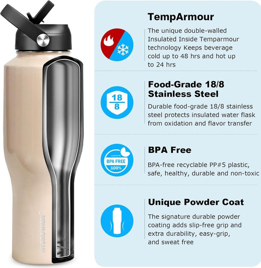 HYDROWION 40 oz Insulated Water Bottle with Straw fit in Car Cup Holder(Cold 48 hrs, Hot 24 hrs) Drinking Bottle with Straw Lid, Spout Lid and Flex Cap Leakproof Travel Thermo Mug，Laser Pink