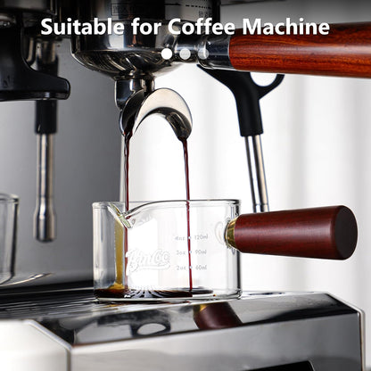 Espresso Shot Glasses with Wood Handle, 120ml Glass Coffee Bean Dosing Cup with Spout,Clear Espresso Measuring Cup Glass for Barista Coffee Measure (Single Spout)
