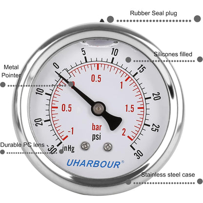 Glycerin Filled Vacuum Pressure Gauge -30HG/30PSI, 2-1/2" Clear dial Vacuum Gauge,1/4" NPT Back Connection, Stainless Steel Case, Brass Movement, Dual Scales