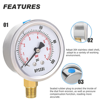0-100 Psi Low Pressure Gauge, 2.5" Dial Size, 1/4" NPT Lower Mount, 304 Stainless Steel Case, Water Pressure Gauge Test for Water Pump, Pneumatic Air, RV Hose(with Tape)