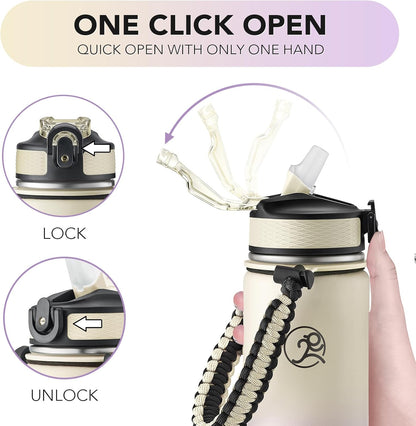 GOSWAG Insulated Sports Water Bottle, 24oz 2 Lids(with Straw/No Straw), Stainless Steel Water Bottles with Paracord Handle, Insulated Bottle with Double-Wall Vacuum Insulation