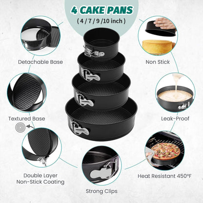 SHIKORI Cake Pan Set for Baking, Non-Stick Springform Pans Set of 4 (4, 7, 9 10 inch), Round Cheesecake Pan, Leak-Proof Cake Pans with Removable Bottom-Black 4 Pcs