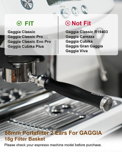 58mm Bottomless Portafilter For Gaggia, 2 Ears Flat Naked Portafilter Fits Gaggia Espresso Coffee Machines with Anodized Aluminum Handle, Stainless Steel Head,18g Filter Basket, Puck Screen Included