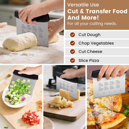 SCHVUBENR Premium Dough Scraper Set with 2 Flexible Bowl Scrapers - Stainless Steel Dough Cutter & Bench Scraper with Measuring Scale - Versatile Kitchen Scraper for Bread, Pastry, Pizza, Cake - Black