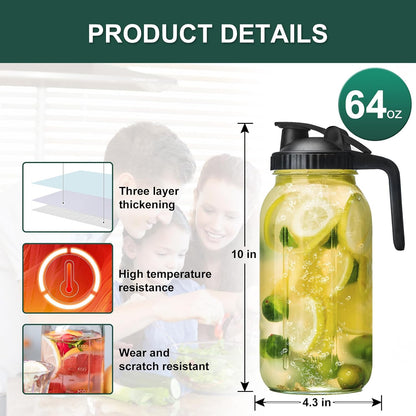 Glass Mason Jars Pitcher 64 Oz Pour Spout Lids & Handle (2 Pack) Wide Mouth Airtight Leak Proof Fridge Breast Milk Pitcher With Top Flip Cap 2 Quart Water Jug For Cold Brew Coffee, Iced Tea,