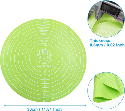 Hitefu 12 Inch Round Silicone Cake Mat, Silicone Baking Mat with Measurement for Cake Turntable & Rolling Dough (Green)