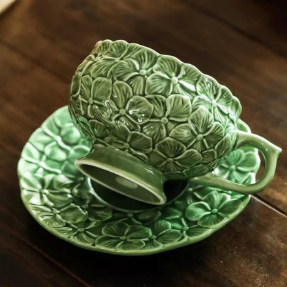 KAMMAK Tea Cups and Saucers Set of 2, Porcelain Coffee Cups, 8.5-Ounce Stackable Espresso Mugs, Ceramic Demitasse for Coffee, Latte, Americano, Tea, Green Flower