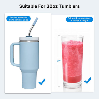2 Pcs Stainless Steel Straw with Silicone Tips for 30 oz Stanley Tumbler, Repeatable 30 oz Metal Straws for Stanley Adventure Quencher Travel Tumbler Cup, BPA Free（Light Blue）