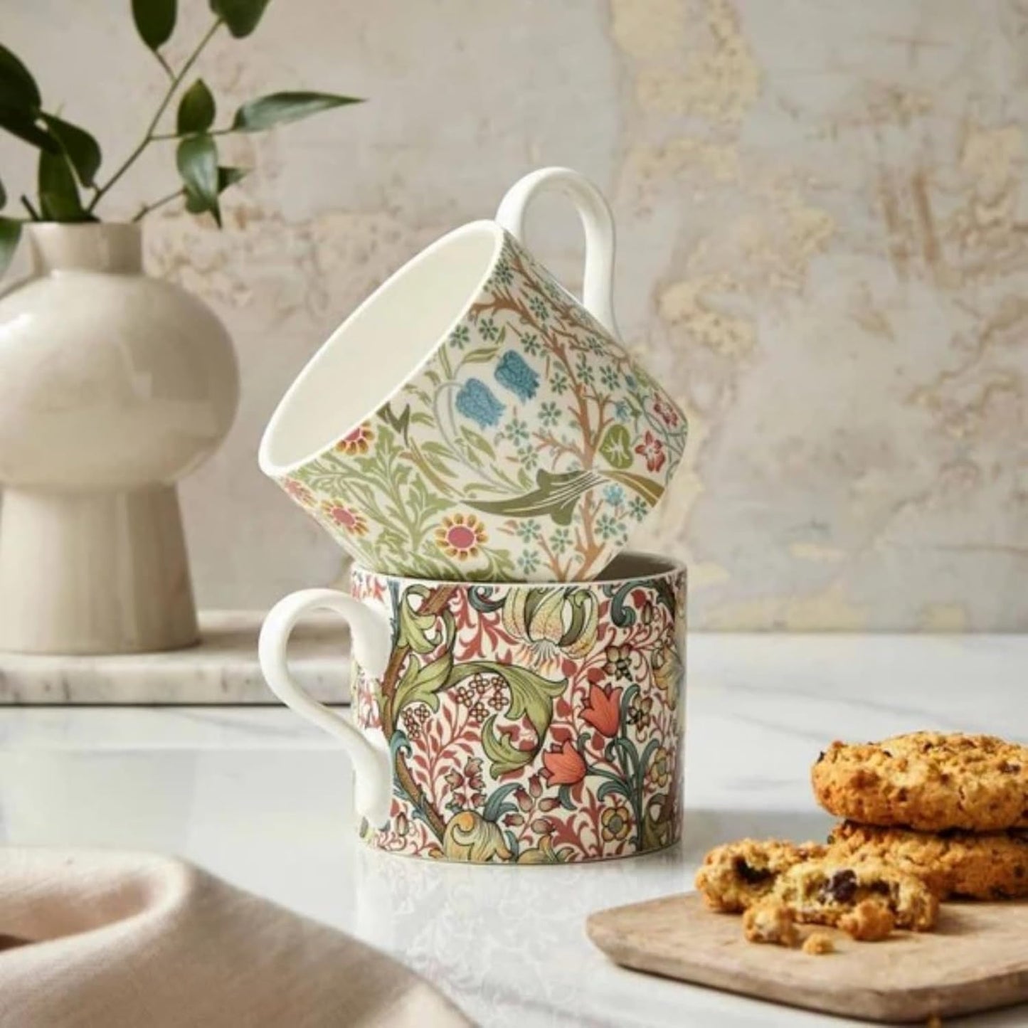 Spode Morris & Co Porcelain Mugs, Set of 2-12oz Microwave and Dishwasher Safe Tea & Coffee Cups for Kitchen Countertop or Home Brew Coffee Station, Great Gift for Mothers (Blackthorn & Golden Lily)