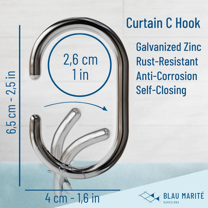12 Metal Shower Curtain Hooks, Rust-Proof Decorative C-Shaped Curtain Hooks for Bathroom, Chrome Shower Curtain Rings, Fits Rods Up to 1 Inch (C, Silver)