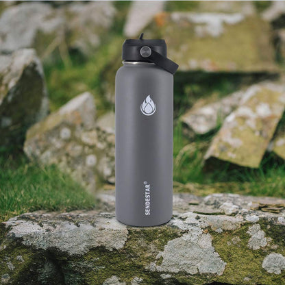SENDESTAR Stainless Steel Water Bottle, Wide Mouth Water Bottle 40 oz with Straw Lid, Spout Lid, Double Wall Vacuum Insulated Leak Proof, Keeps Liquids Hot or Cold (Gray)
