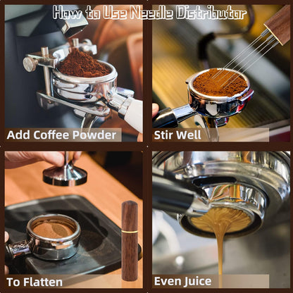Espresso Coffee Stirrer, Espresso Distribution Tool Coffee Stirring Tool,Professional Barista Hand Needle Type Distribution Tool 5 Needles 0.4mm Natural Wood Handle and Stand