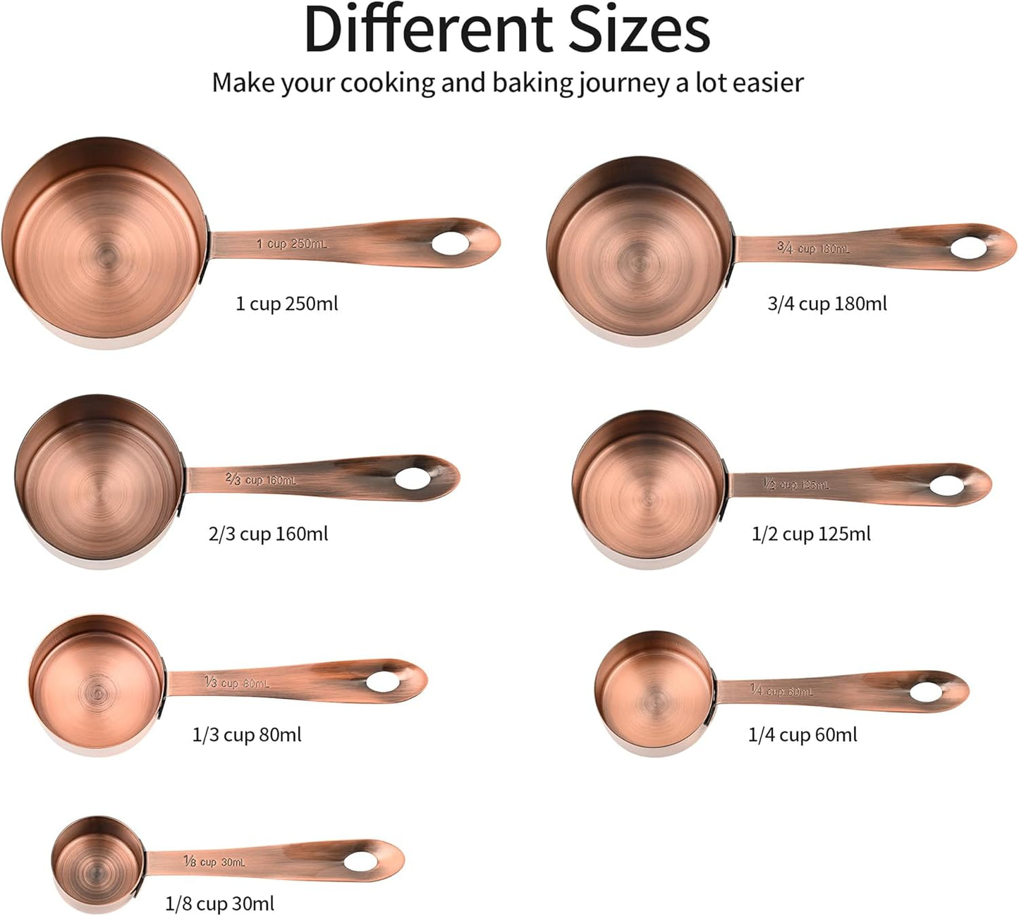 Measuring Cups Set, Copper Measuring Cups Set 7, Metric & US Stainless Steel Measuring Cups for Kitchen & Baking, Metal Measuring Cups Set with 2/3 & 3/4 Measure Cups