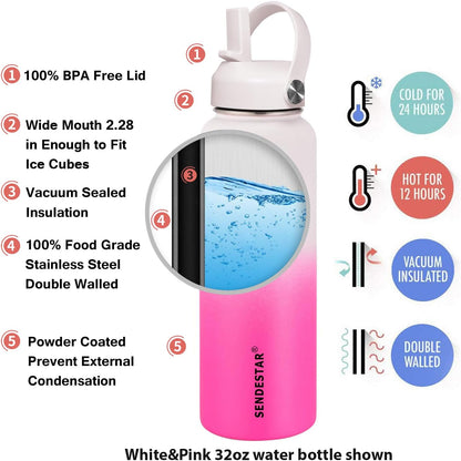 SENDESTAR Stainless Steel Wide Mouth Water Bottle 40oz Double Wall Vacuum Insulated Leak Proof Bottle with New Flex Straw Lid & Spout Lid XIN-WP-40OZ-1