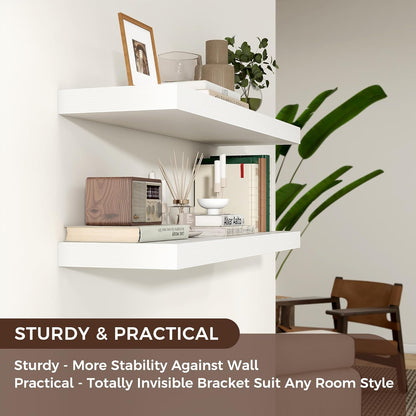 Floating Shelves for Wall, 2 Large Wall Mounted Shelves with Invisible Brackets, Long Wood Floating Wall Shelf Shelves for Living Room, Bedroom, Kitchen, (White, 48" W x 9" D x 1.5" H)