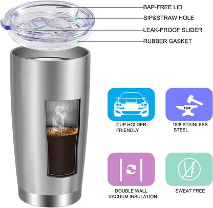 VEGOND 20oz Tumbler with Lid and Straw Stainless Steel Tumbler Cup Bulk Vacuum Insulated Double Wall Travel Coffee Mug Powder Coated Coffee Cup(Stainless 6 Pack