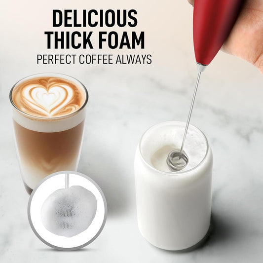 Zulay Kitchen Powerful Double Whisk Milk Frother Handheld - Foam Maker With Stand - Whisk Drink Mixer for Coffee, Mini Foamer for Latte, Matcha, Frappe, Hot Chocolate & Cappuccino (Cardinal Red)