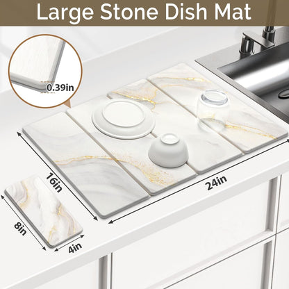 Large Stone Dish Drying Mat for Kitchen Counter Quick Dry Stone Dishes Mats Marbled Water Absorbing Diatomaceous Earth Drying Pad for Countertop Bottles Utensils Cups (Yellow White 24"x16"&8"x4")