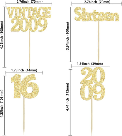 Gyufise 24Pcs Sweet 16 Cupcake Toppers Glitter Sixteen Vintage 2009 16th Birthday Cupcake Picks Hello 16 Years Birthday Cake Decorations for Happy 16th Anniversary Party Supplies Gold