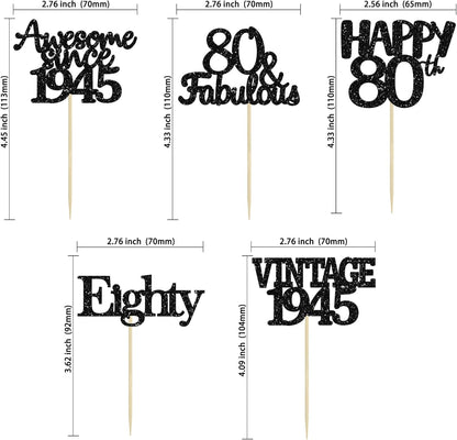 Gyufise 30 Pack Vintage 1945 Cupcake Toppers Glitter Cheers to 80 Fabulous Eighty Cupcake Picks 80th Birthday Wedding Anniversary Party Cake Decorations Supplies Black