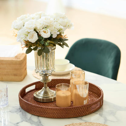 16.9 inch Round Rattan Tray, Woven Large Serving Tray with Handles, Wicker Serving Basket, Coffee Table Decor for Living Room, Reddish-Brown