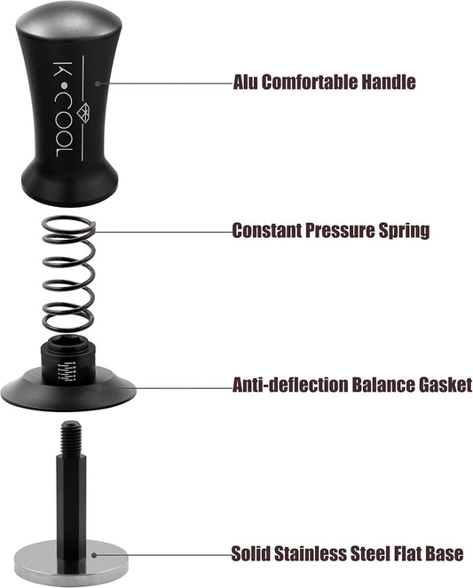 K COO Espresso Tamper, Premium Barista Tools Coffee Tamper with Calibrated Spring 30lb, 100% Stainless Steel Flat Base Tamper with Scale Mark Fits for Breville 54mm Portafilter Basket (53mm, Black)
