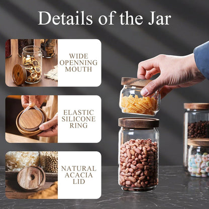 Glass Jars with Airtight Wood Lids - Small Large Kitchen and Pantry Storage Containers, Canisters for Spaghetti, Noodles, Pasta, Ground Coffee, Sugar, Cereal, Spice, Salt, Salad, Matcha, Set of 5