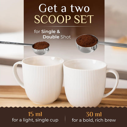 Orblue Premium Coffee Scoop Set - 1 Tbsp (15ml) & 2 Tbsp (30ml) Measuring Tablespoon - Stainless Steel Coffee Measuring Spoon and Scooper with Long Handles - Pack of 2