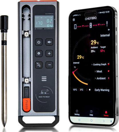 WiFi and Bluetooth Meat Thermometer Digital Wireless - Long Range Connection with Built-in Temperature Display, Meats Probe,Meat Thermometer for Grilling, Smoking, Cooking, BBQ Gift for Men