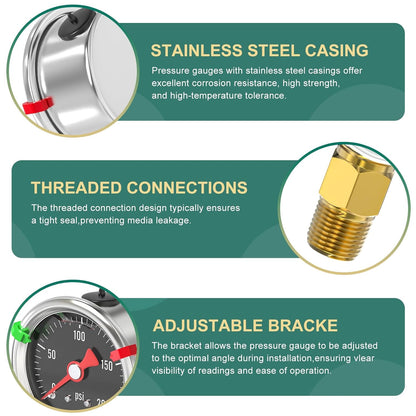 0-200PSI Stainless Steel Glycerin Filled Pressure Gauge 1.5" Black Dial Size, 1/8" NPT Lower Mount, for Tube, Water Pump, Gas, Liquid, Pressure Test (with Range Mark Pointer)