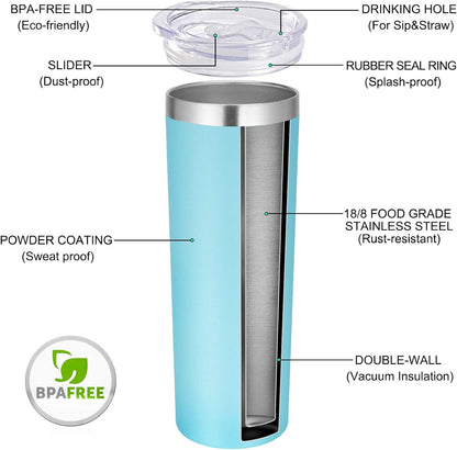 VEGOND Stainless Steel Skinny Tumbler, 20 oz Vacuum Insulated Tumbler with Lid and Straw, Double Wall Coffee Cup, Travel Mug for Cold Hot Drinks, Blue 1 Pack