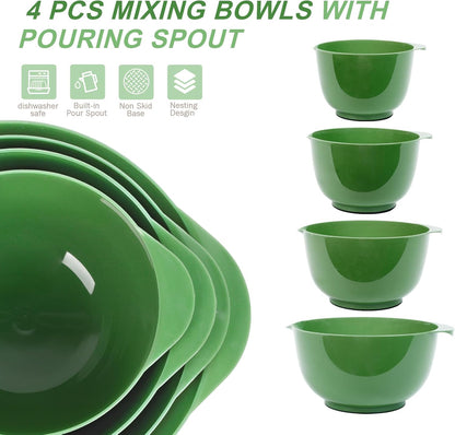 BoxedHome 4 Quart Large Plastic Mixing Bowls, Microwave Safe Mixing Bowl Set with Pour Spout, Nesting Bowls for Space Saving Storage(Grass Green)