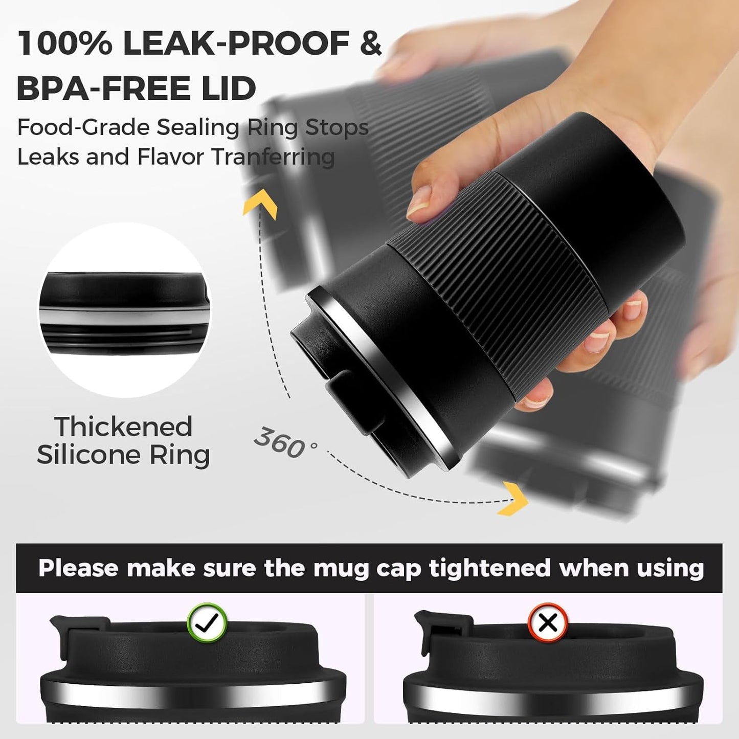 Volhoply 13 oz Stainless Steel Insulated Travel Coffee Mug with Fip Lid Bulk 4 Pack,Reusable Double Wall Vacuum Metal Coffee Cup,Portable Leak Proof Thermal Tumbler for Hot & Cold Drinks(Black,4)