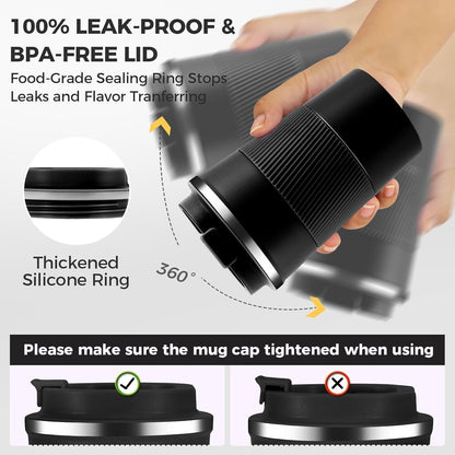 Volhoply 13 oz Stainless Steel Insulated Travel Coffee Mug with Fip Lid Bulk 4 Pack,Reusable Double Wall Vacuum Metal Coffee Cup,Portable Leak Proof Thermal Tumbler for Hot & Cold Drinks(Black,4)