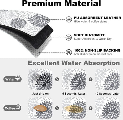 Findosom 2PCS 12" x 20" Dish Drying Mat & 24" x 5.5" Sink Splash Guard, Super Absorbent & Cuttable Dish Mat Drying Kitchen Mat with Gray Floral, Hide Stain Drying Mat for Kitchen Counter