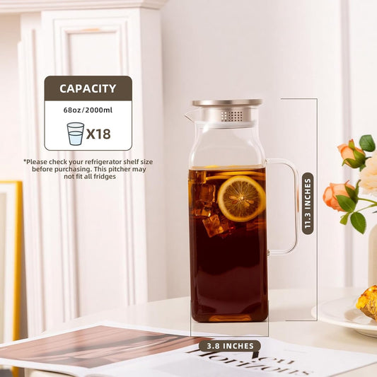 Glass Water Pitcher with Lid and Spout, 2L/68 Ounces Heat Resistant Borosilicate Glass Carafe, Temperature Safe